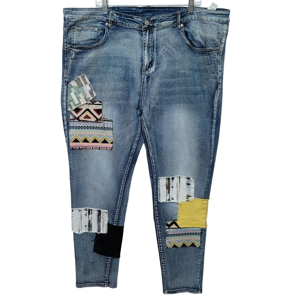 Boho Upcycled Patchwork Jeans Artistic Denim Women's 4X Hippie Boho Festival Y2K